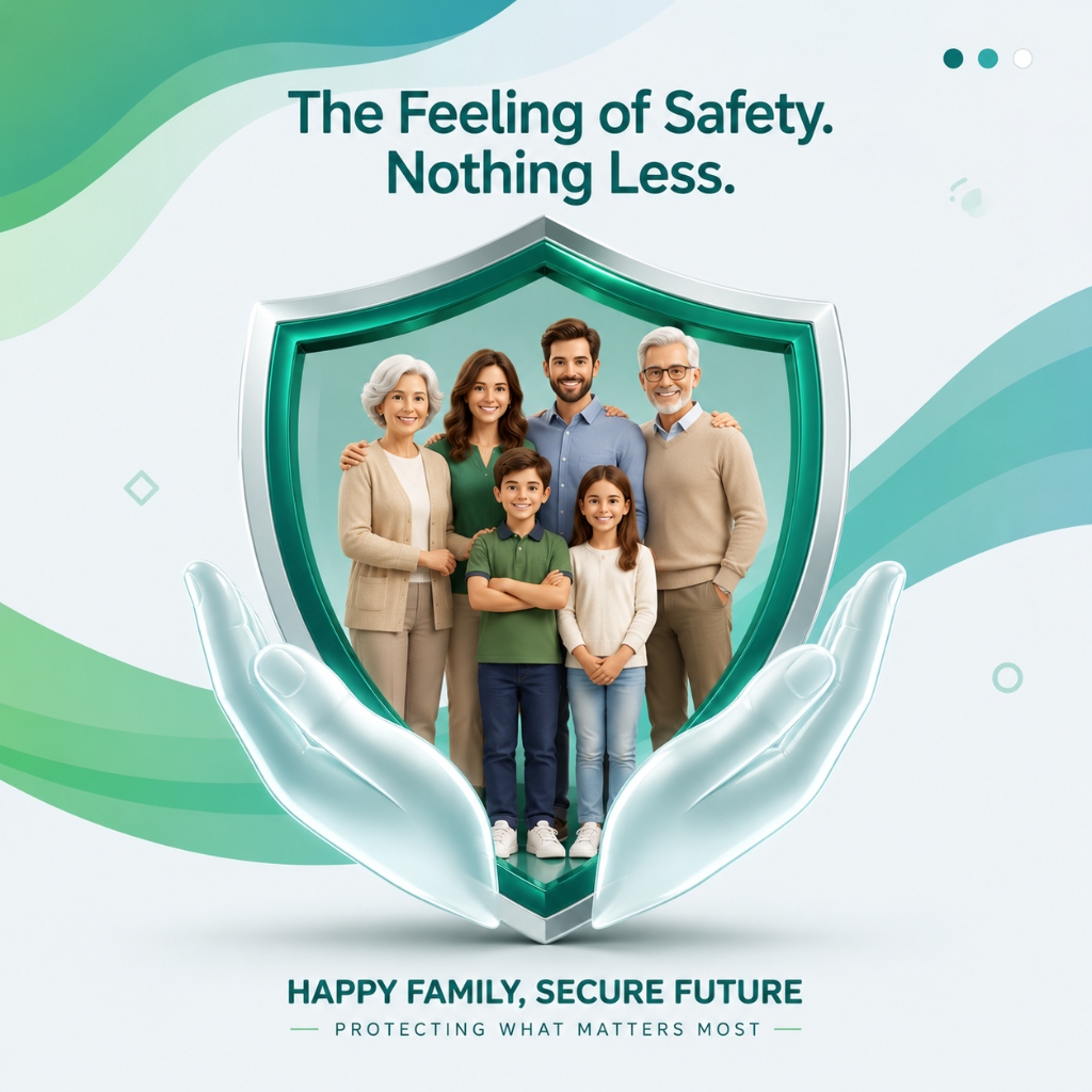 Happy family protected by shield